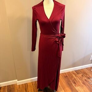 GAP True Wrap Long Sleeve Jersey Knit Balletcore Maxi V Neck Burgundy Fairy Boho